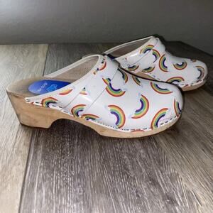 Swedish Wooden Cape Clogs Slip On Mule White Leather Rainbow Women’s US Size 6
